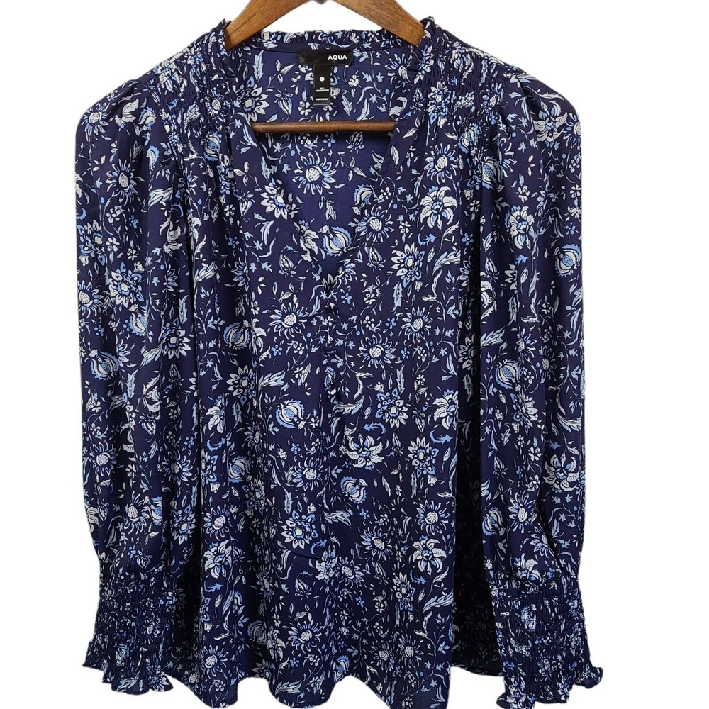 Aqua Blue Floral Sheer V Neck Blouse Medium